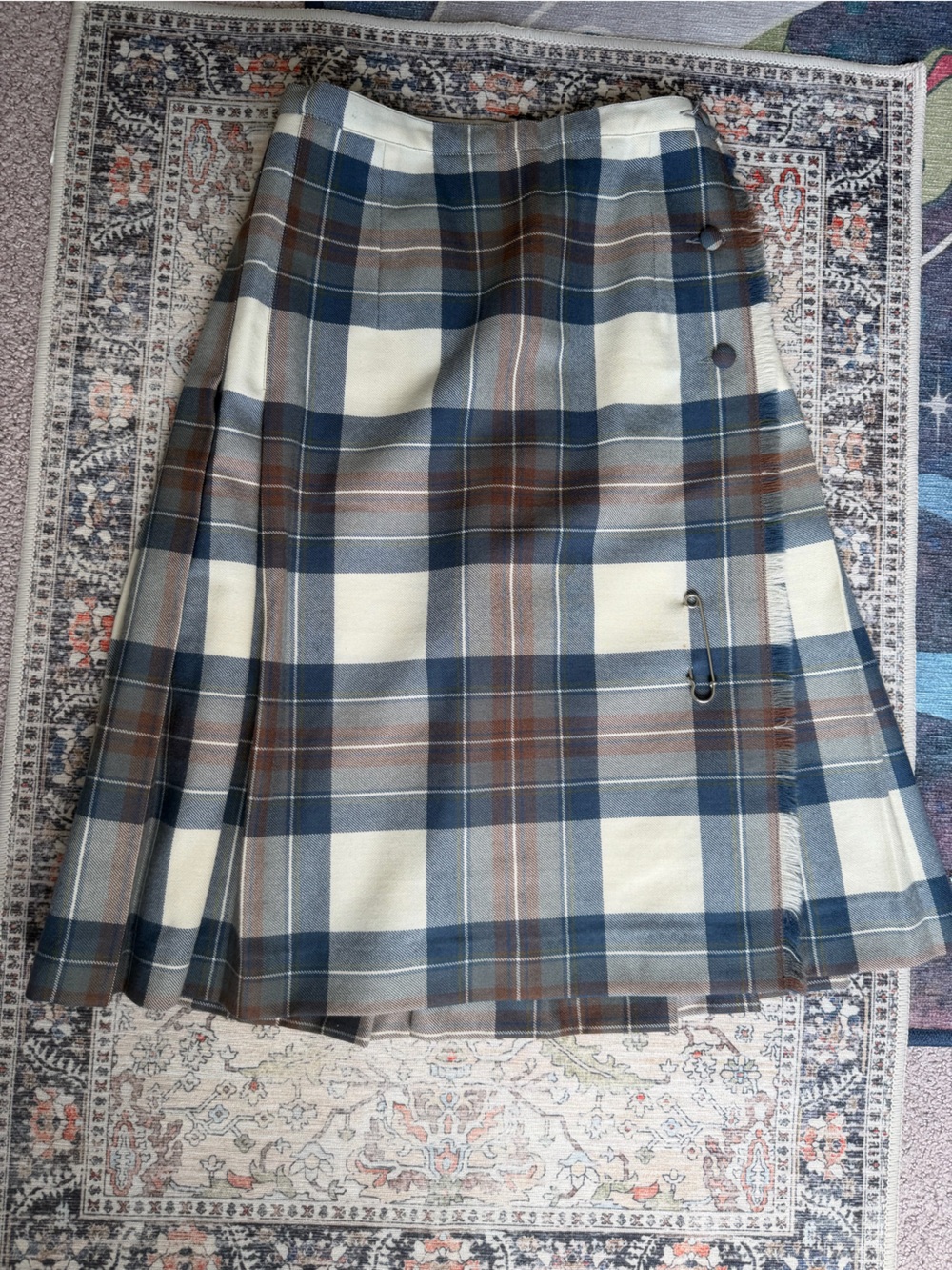 Classic Plaid Wool Kilt Skirt - Blue, Cream & Brown